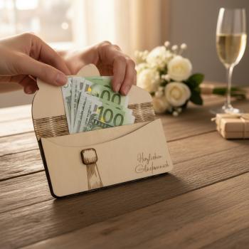 Preview: Geöffneter Holz‑Umschlag aus Sperrholz mit Innenfach für Geldschein oder persönliche Botschaft